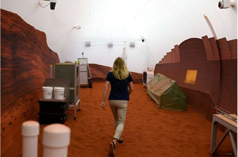 Simulated 'Marswalks' took place in exterior area that recreated the Martian environment with red soil against a backdrop of cliffs