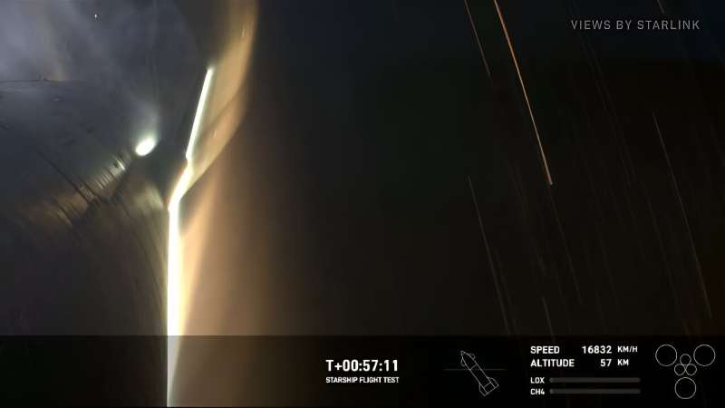 Sparks and debris came flying off SpaceX's starship as it descended over the Indian Ocean northwest of Australia, dramatic video footage from on an onboard camera showed
