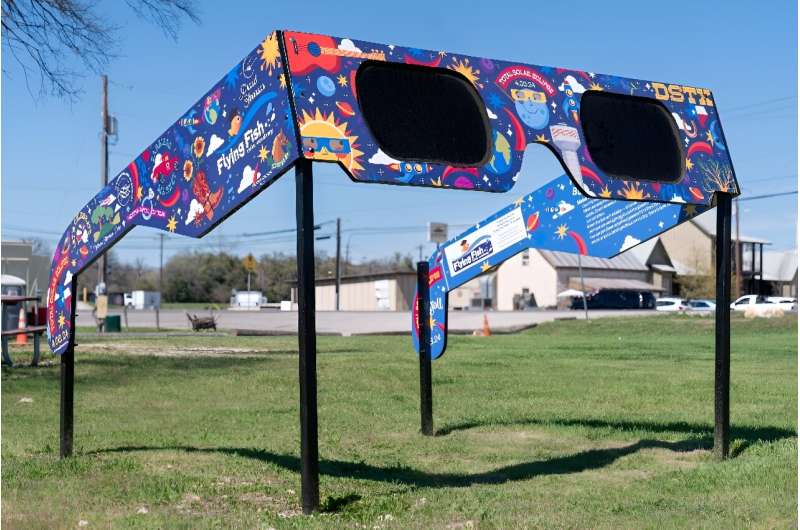 The City of Dripping Springs, Texas is preparing for the solar eclipse with a set of larger than life glasses on display at Veterans Memorial Park