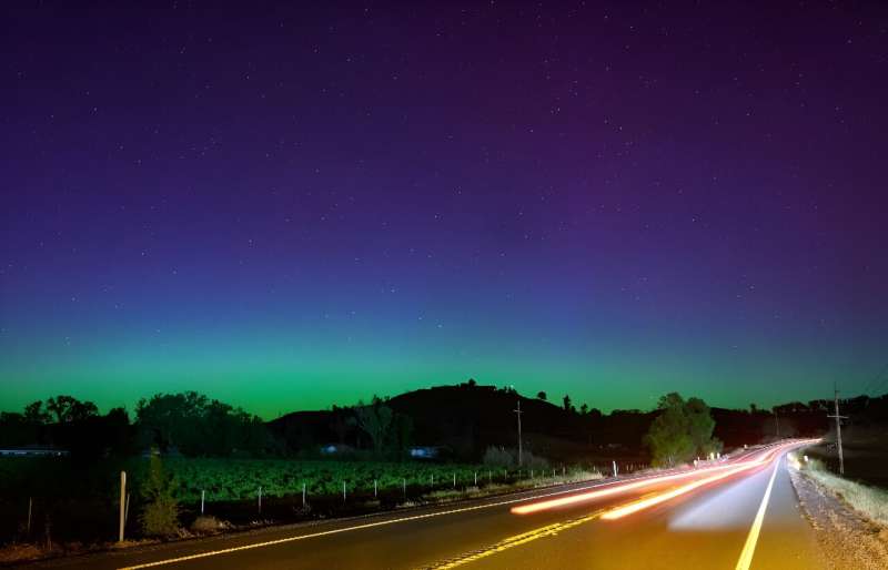 The Northern Lights, or Aurora Borealis, light up  the night sky north of San Francisco after the most powerful solar storm in more than two decades