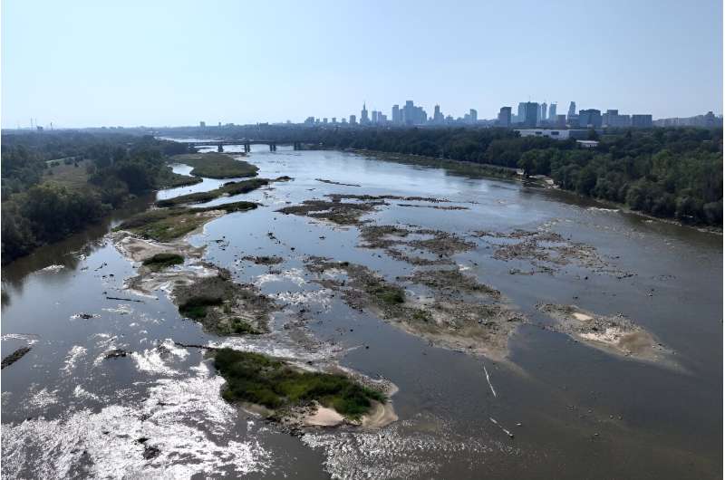 This aerial photograph taken on September 6, 2024 shows a view of the drought-affected Vistula River in Warsaw