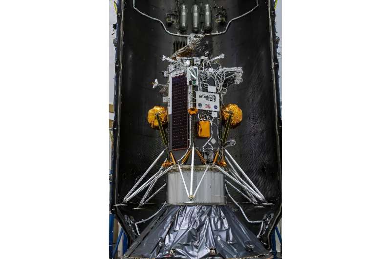 This handout picture from NASA shows the Nova-C lunar lander encapsulated within the fairing of a SpaceX Falcon 9 rocket in preparation for launch