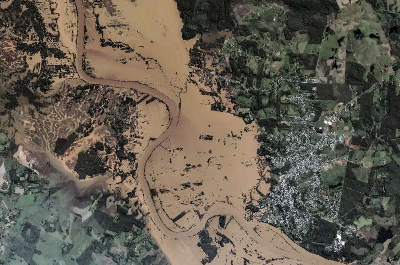 This handout satellite image courtesy of Maxar Technologies taken on May 7, 2024 shows the flooding along the Taquari river in the Brazilian state of Rio Grande do Sul, following torrential rains that have left at least 95 people dead