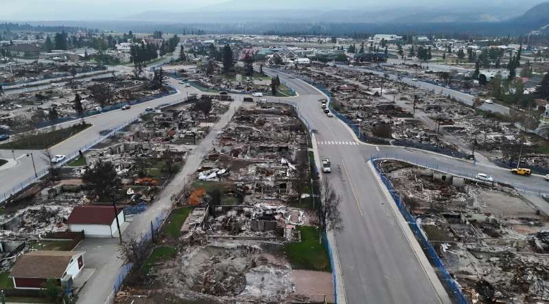 This handout videograb provided by Park Canada shows the devastated town of Jasper following a wildfire in August 2024 that burned more than 350 of the 1,100 buildings in the town