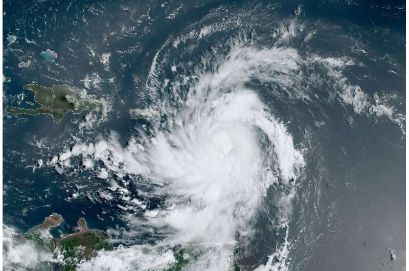 Tropical Storm Ernesto is seen on August 13, 2024 in a satellite image obtained from the National Oceanic and Atmospheric Administration