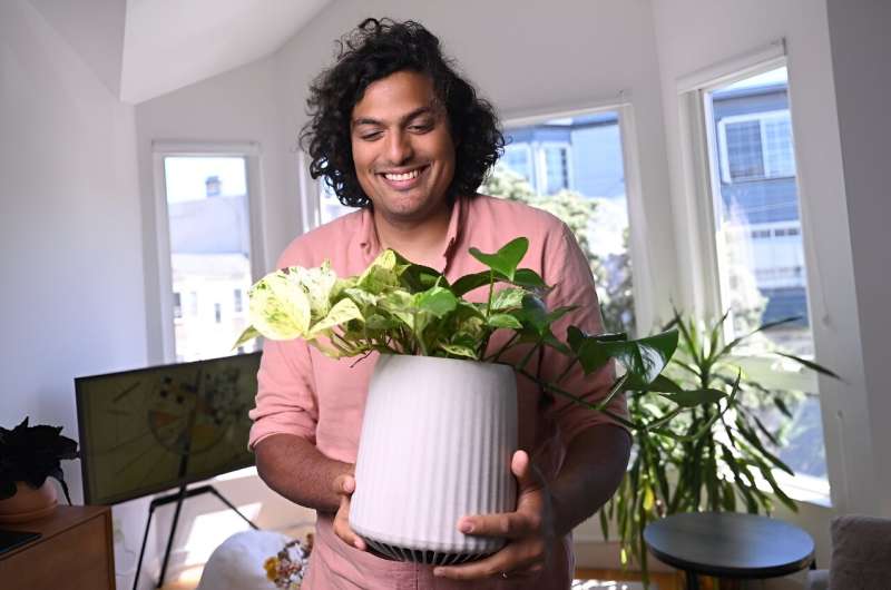 Vincent Nallatamby holds his Neo Px plant at his home in San Francisco, California