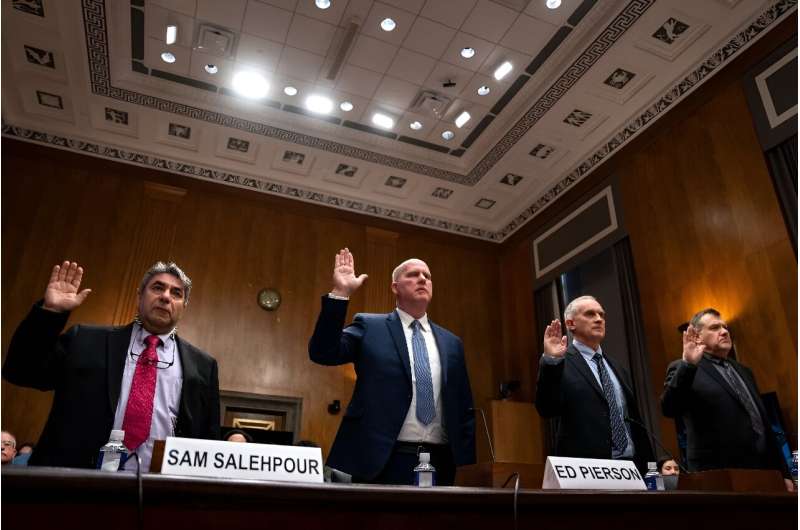 Whistleblowers take an oath before testifying to a US Senate committee investigating Boeing safety practices, on April 17, 2024