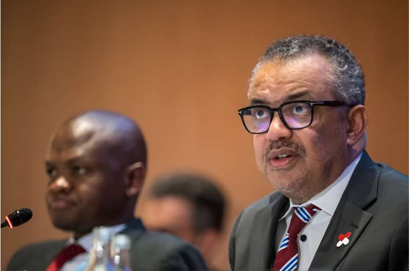 WHO Director-General Tedros Adhanom Ghebreyesus, right, addressed the opening of the World Health Assembly