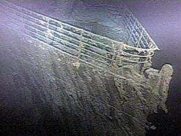 The bow of the RMS Titanic lies on the bottom of the Atlantic Ocean off the coast of Newfoundland, Canada