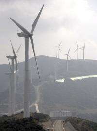 Wind turbines are seen in China's southwestern Yunnan province