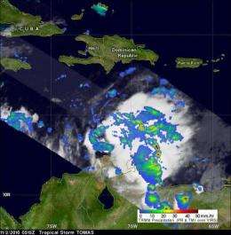 NASA satellite sees Tomas weaken to a tropical depression ... for now