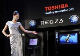 Japanese electronics company Toshiba unveils the world's first 3D television in Chiba