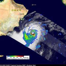 NASA satellites see monster Cyclone Phet slamming northeastern Oman today
