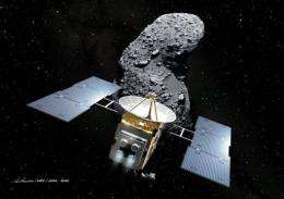 An artist's impression of Japan's space probe "Hayabusa" (Falcon) and an asteroid, called Itokawa in space