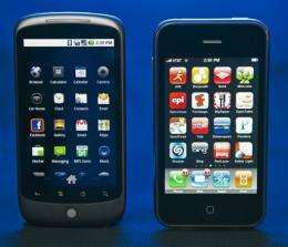 The Google Nexus One(L) smartphone and the Apple iPhone(R)