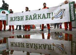 Supporters of the Greenpeace organization hold a rally in defence of Lake Baikal