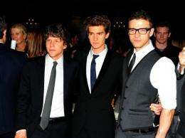 Actors (L-R) Jesse Eisenberg, Andrew Garfield and Justin Timberlake promote their new film "The Social Network"