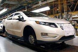 A General Motors Chevrolet Volt goes through assembly