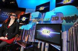 A model wears 3D glasses at a 3D display at the 2010 International Consumer Electronics Show