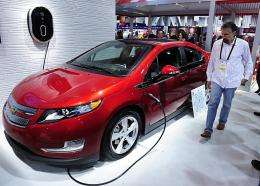 An attendee looks GE's new Residential WattStation plugged into a Chevrolet Volt electric car