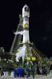 A rocket carrying a Galileo satellite is seen on a launch pad in Kazakhstan in 2008