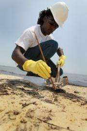 A worker cleans oily globs that washed ashore in Waveland, Mississippi