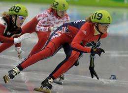 Britain's Sarah Lindsay is seen leading the pack during a women's 500m short-track qualifying heat