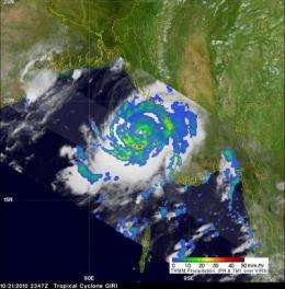 Category 4 Cyclone Giri hits Burma, NASA satellite sees heavy rainfall