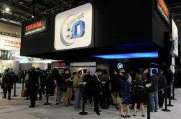 Convention attendees line up to see Toshiba glasses-free 3-D televisions