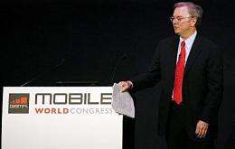 Eric Schmidt gives a speech during the Mobile World Congress in Barcelona