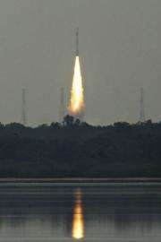India's PSLV-C15, carrying a payload of five satellites, leaves the launchpad as it heads to space