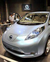 Japanese auto company Nissan Motor displays the company's Leaf electric vehicle