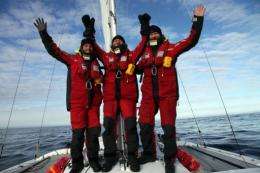 Norway's explorer Boerge Ousland (R), Norway's navigator Thorleif Thorleifsson (C) and Vincent Colliard of France (L)