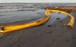 Oil booms are seen washed on to a beach as high winds and waves push the booms ashore in Louisiana