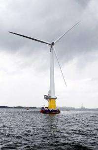 Photo obtained from StatoilHydro shows a floating full-scale offshore wind turbine