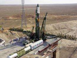 Picture taken in September 2005 shows Russian spacecraft Soyuz-U on the launchpad at the Baikonur cosmodrome