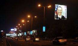 The illuminated billboard welcoming US President Barack Obama is seen in Mumbai